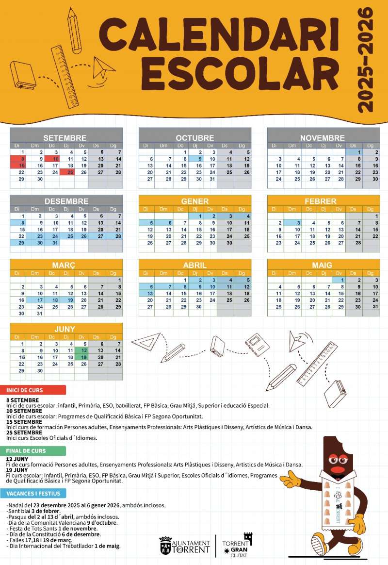 Cartel del calendario escolar 20252026 de Torrent.  EPDA