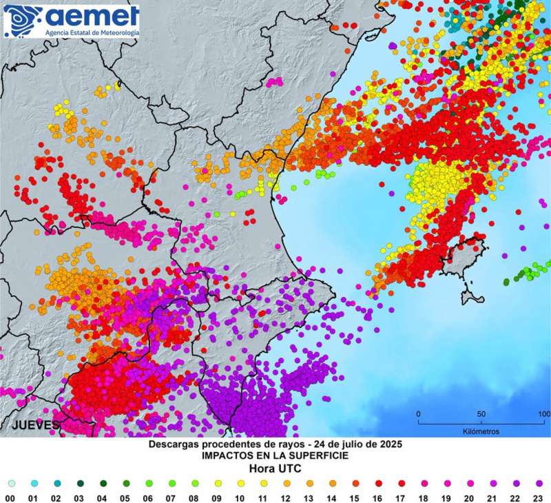 Mapa de rayos cados este jueves, en una imagen compartida en redes por Aemet.
