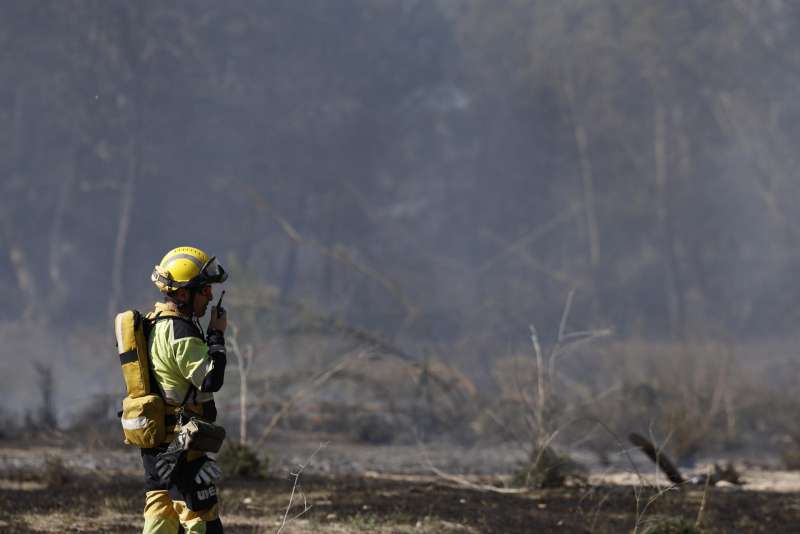Un bombero trabaja en una zona afectada por un incendio forestal declarado a primera hora de la tarde de este sbado en Riba-roja de Tria. EFEKai Frsterling
