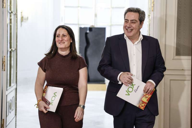 En la imagen el portavoz de Vox, Jos Mara Llanos, acompaado por la portavoz adjunta Ana Vega a su llegada a la reunin. EFEAna Escobar

