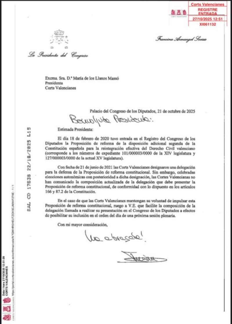 Carta de Francina Armengol, Presidenta del Congreso.  EPDA