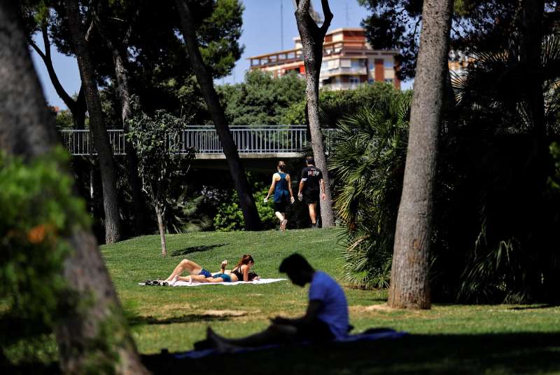 Una pareja camina por el jardn del ro Tria, en la ciudad de Valncia, en un da soleado  Foto: EFE
