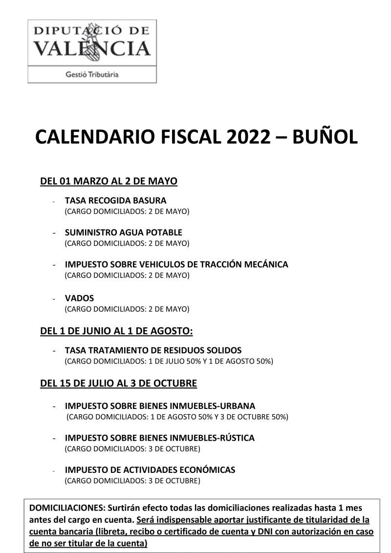 Calendario fiscal de BuÃ±ol 2022./EPDA