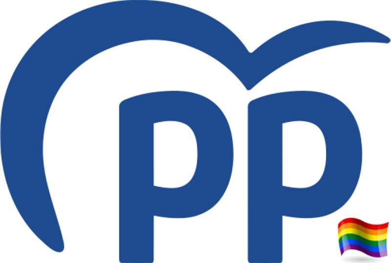 Logo del PP junto a la bandera lgtbi.
