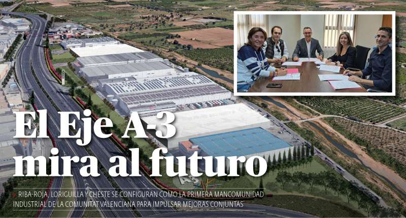 Prefiguración del Área de Actividad Económica (AEE) A-3 desde la vía de acceso a Valencia (fondo) y reunión de constitución de la mancomunidad (arriba)./ UPV/EPDA