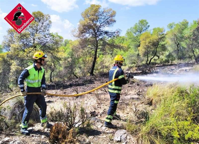 Foto cedida por el Consorcio Provincial de Bomberos de Alicante con la actuación de forestales en el extinción del incendio de Biar
