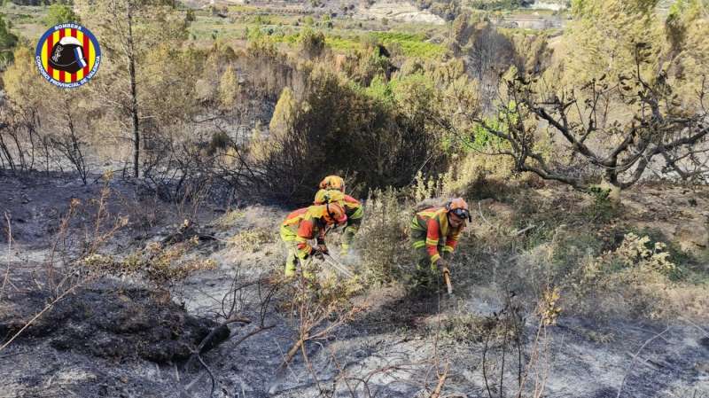 Bomberos trabajan sobre el terreno refrescando puntos calientes para evitar la reignición en el incendio de Montixelvo (Valencia), en una imagen compartida por el Consorcio de Bomberos provincial de Valencia.
