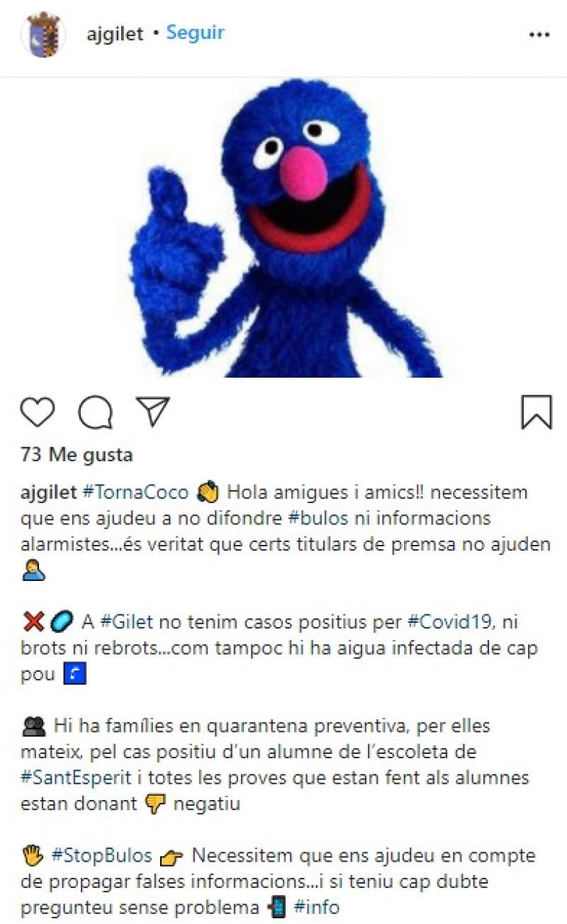 Comunicado del Ayuntamiento de Gilet en Instagram.