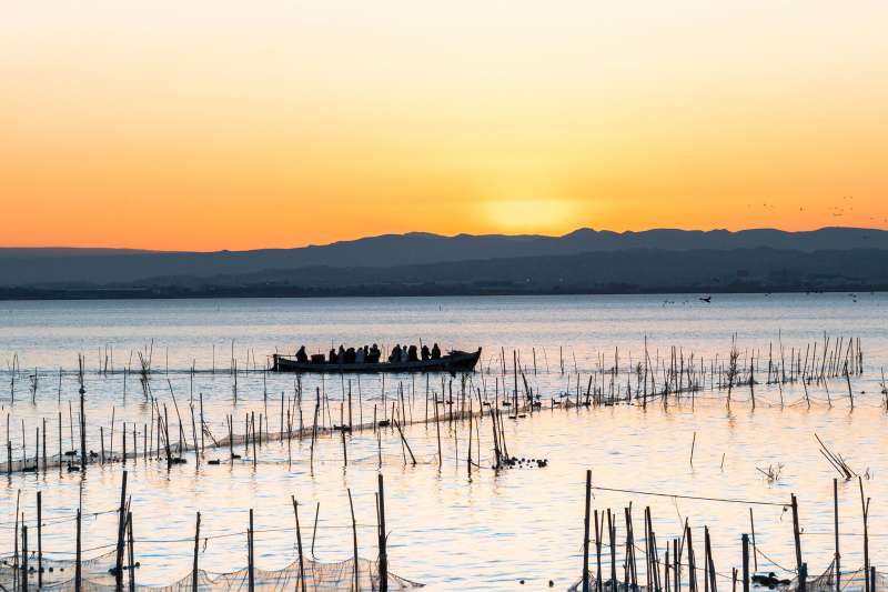 Una barca pasea por el algo de la Albufera al atardecer. EPDA