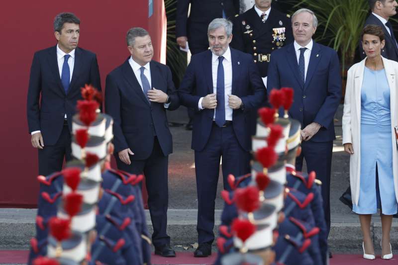 El presidente la Comunidad Valenciana Carlos Mazn, el presidente de la Junta de Castilla La Mancha Emiliano Garca Page, el presidente de Canarias Fernando Clavijo, el presidente deAragn Jorge Azcn y la presidenta de Navarra Mara Chivite en una foto de archivo .ArchivoEFE Chema Moya