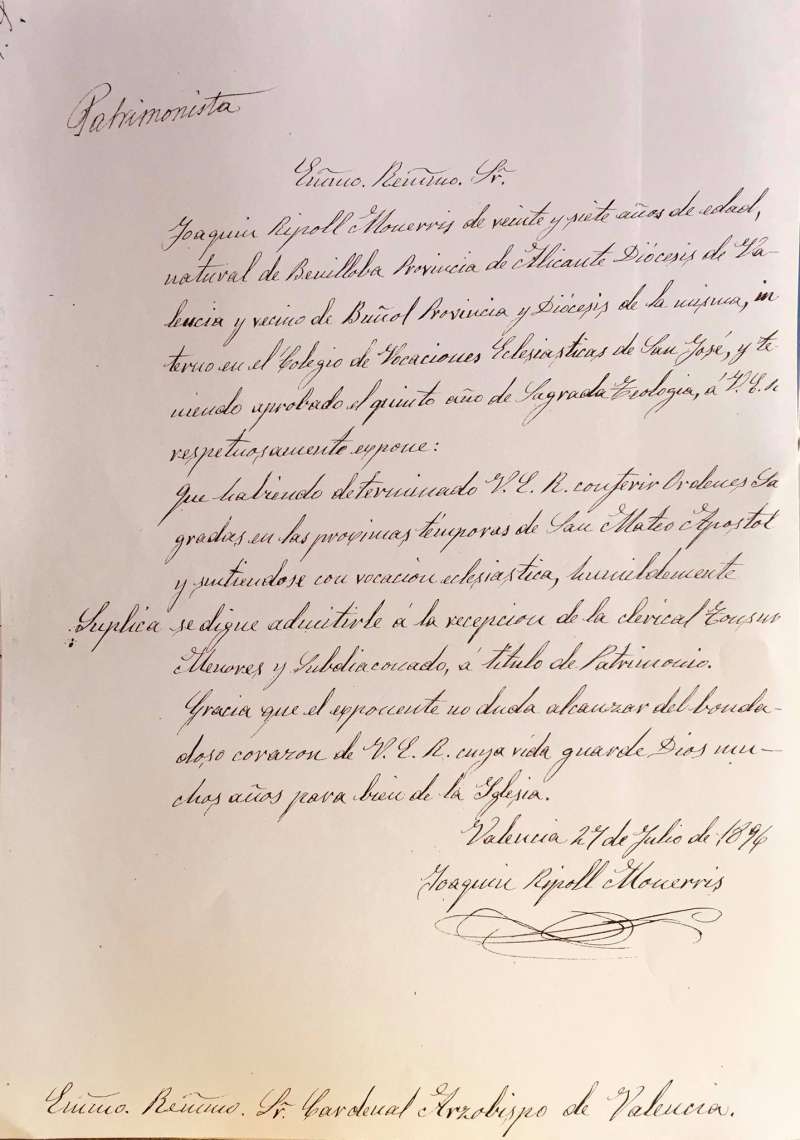 Documento de 1896 firmado por Joaquín Ripoll. Documento de 1896 firmado por Joaquín Ripoll.