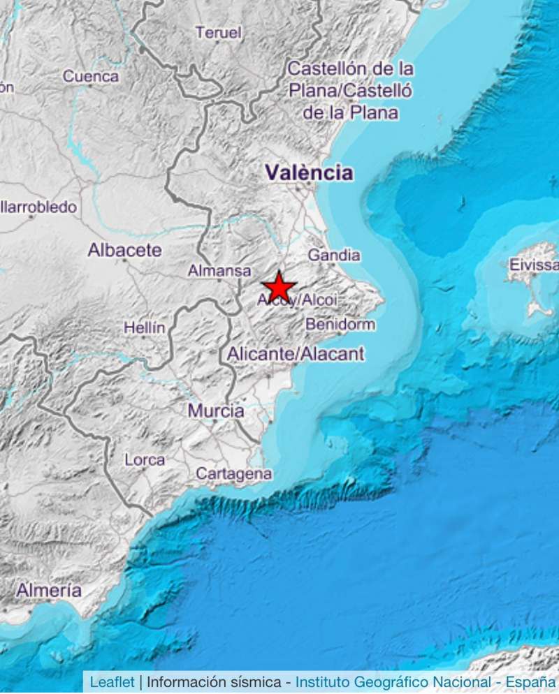 Imagen del Instituto Geográfico Nacional con el epicentro del terremoto que se ha registrado este miércoles en Ontinyent. EFE/IGN