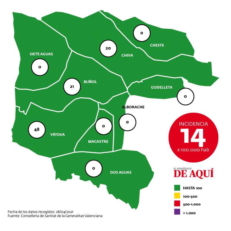 Mapa de incidencia de la comarca según datos de la Conselleria de Sanidad a fecha de 28 de abril