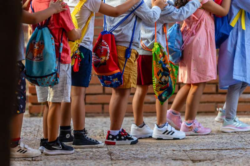 NiÃ±os de Primaria guardan cola a la espera de entrar a clase, en un dÃ­a de colegio. EFE/Ãngeles VisdÃ³mine
