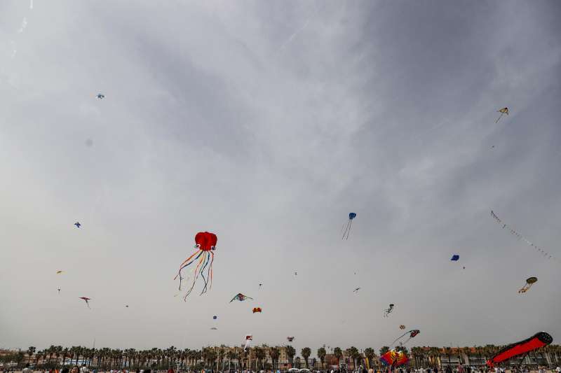 Numerosas personas observan las cometas que, pese al escaso viento. han conseguido alzar el vuelo este sÃ¡bado en la playa de Las Arenas. EFE/Manuel Bruque
