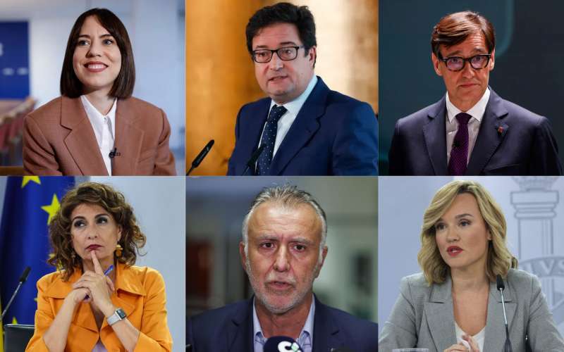 Diana Morant (Comunitat Valenciana), Óscar López (Madrid), Salvador Illa (Cataluña), María Jesús Montero (Andalucía), Ángel Víctor Torres (Canarias) y Pilar Alegría (Alegría). / EPDA (Fotos: EFE)