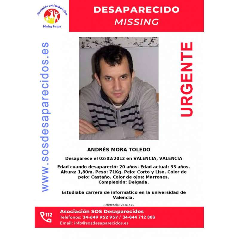 Andrés Mora desapareció en Valencia cuando tenía 20 años. / SOS Desaparecidos
