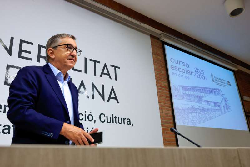 El conseller de Educación de la Comunitat Valenciana, José Antonio Rovira, durante la presentación del curso escolar 2025-2026 este jueves en València. EFE/Kai Försterling
