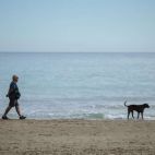 Un hombre pasea a su perro por la playa en Canet de Berenguer.