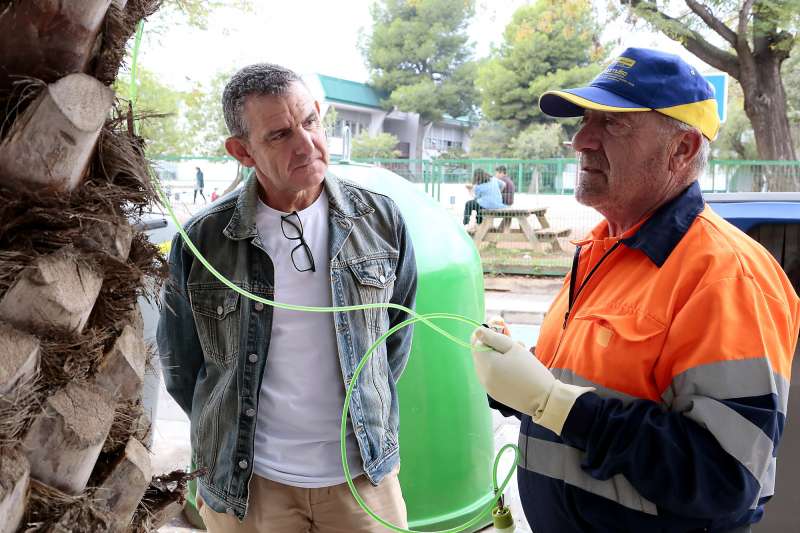 El concejal de Medio Ambiente, Adolfo León, observa cómo se aplica el tratamiento. SERGIO MAESTRO