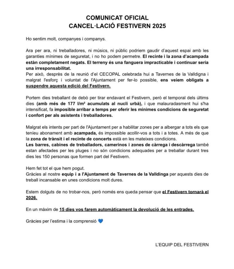Comunicado en el que la organización comunica la cancelación del festival./EPDA