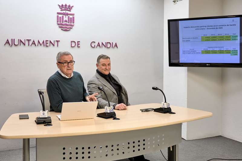 El regidor responsable dels pàrquings municipals, Salvador Gregori, acompanyat pel president del Centre Històric Comercial de Gandia, Santi García Tarancón. / EPDA