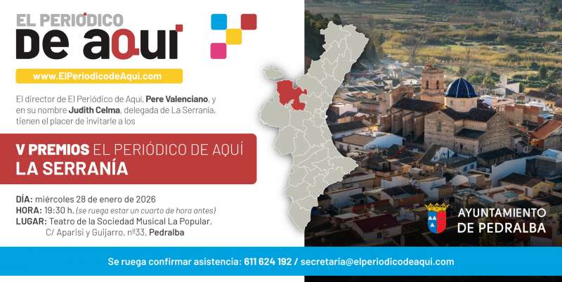 Invitación a los V Premios de El Periódico de Aquí la Serranía, que tendrán lugar 28 denero en el Teatro de la Sociedad Musical La Popular de Pedralba. / EPDA