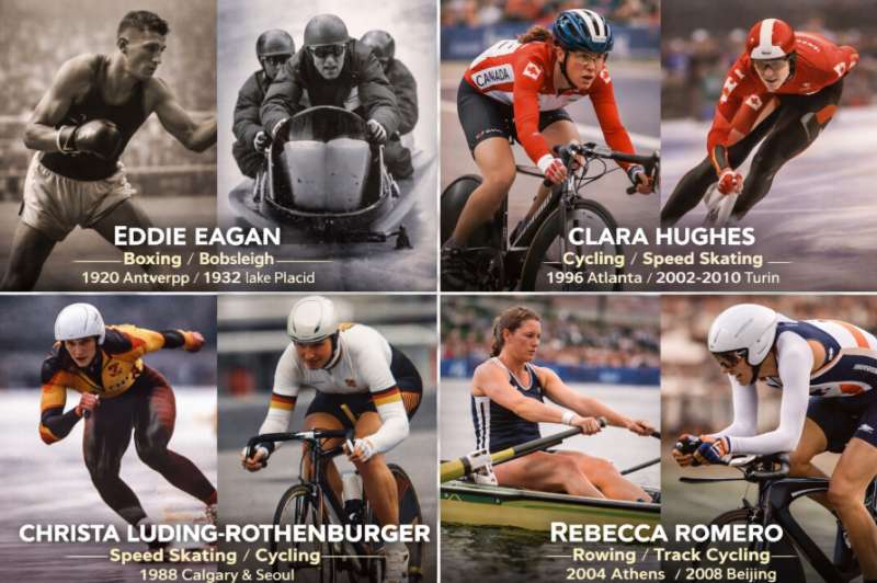 Collage de atletas olímpicos que ganaron medallas en dos deportes distintos, con imágenes de boxeo, bobsleigh, ciclismo, patinaje de velocidad y remo. / EPDA