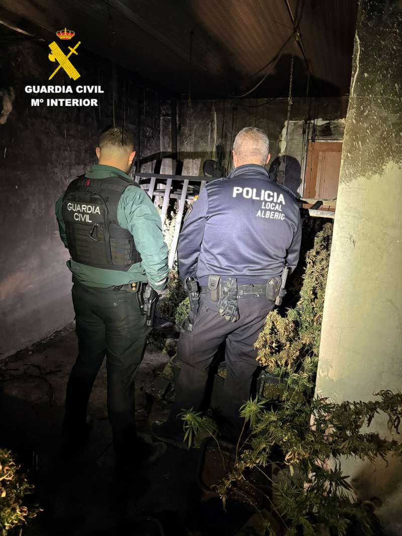 Guardia Civil y Policia Local en la plantación encontrada tras el incendio. / EPDA