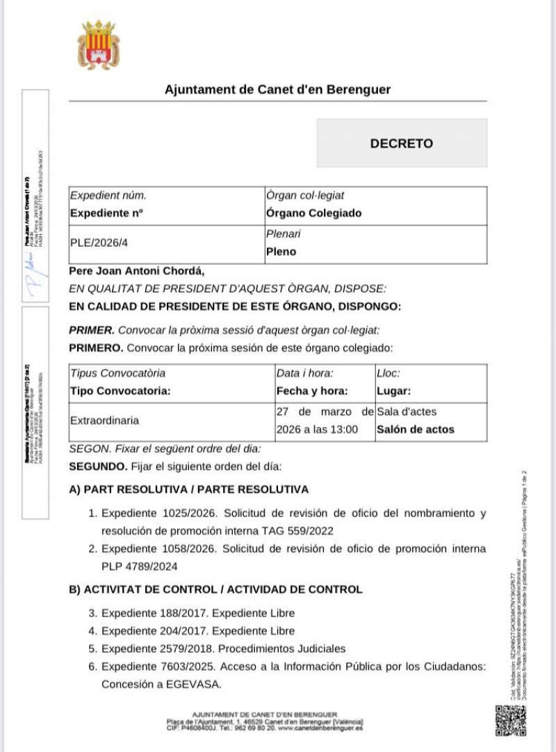 Pleno extraordinario de Canet. EPDA