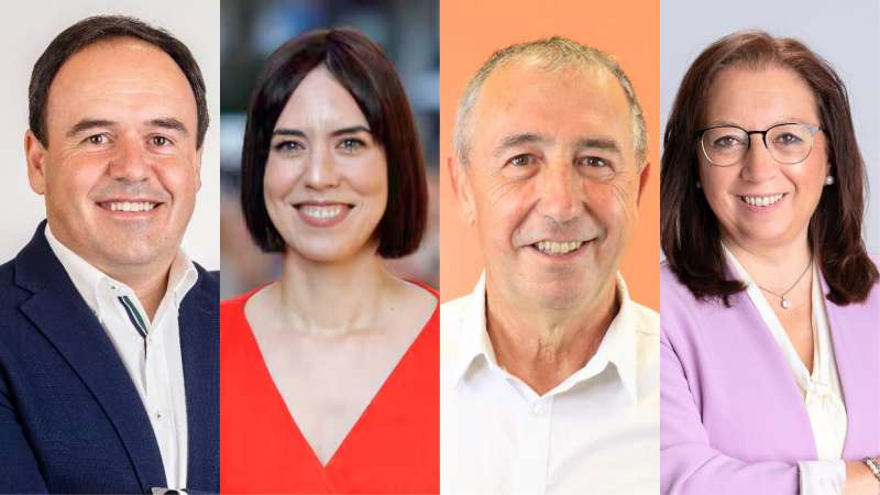 De izquierda a derecha, los candidatos previsibles, aunque no formalizados, a la presidencia de la Generalitat Valenciana en 2027: Juanfran Pérez Llorca (PP), Diana Morant (PSPV-PSOE), Joan Baldoví (Compromís) y Llanos Massó (Vox). / EPDA