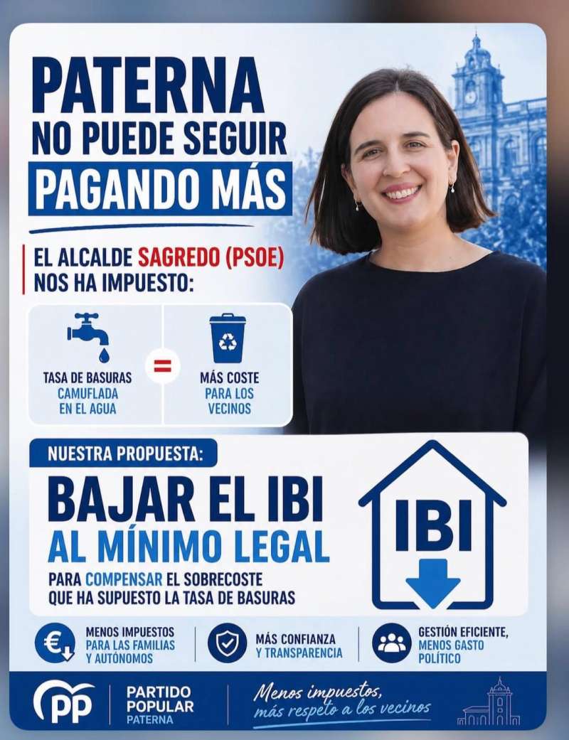 Cartel difundido por el PP de Paterna, donde aparece su líder, Sara Palma./EPDA