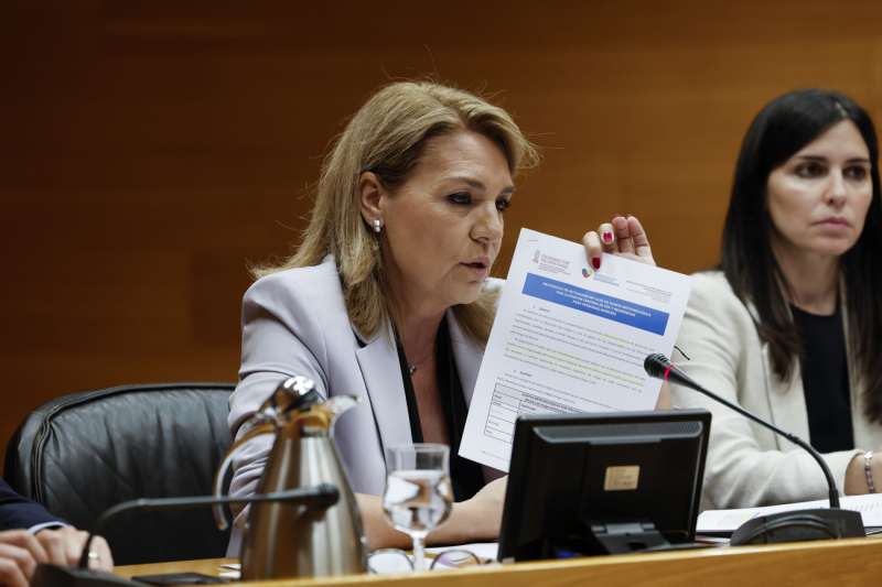 La vicepresidenta del Consell, Susana Camarero, durante su comparecencia en la comisión de investigación sobre la dana de 2024 de Les Corts Valencianes que se reúne, tras dos meses sin hacerlo. EFE/Manuel Bruque
