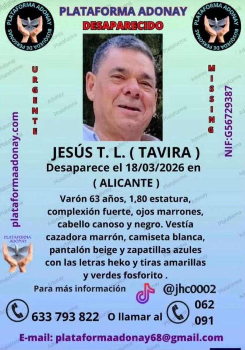 En la imagen el cartel que se difundió cuando desapareció Jesús Tavira. EFE/Plataforma Adonay.