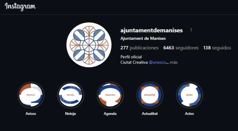 Perfil de Instagram del Ayuntamiento de Manises: el PP denuncia que el gobierno municipal "limita los comentarios" en esta red social. / EPDA