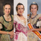 D'esquerra a dreta: Carmen Cantón i Empar Ríos, candidates a Fallera Major de la FJFS 2026-2027; a la dreta, l'única aspirant infantil, María Pozuelo.