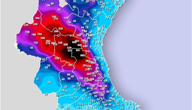 Mapa de precipitaciones registradas durante la dana del 29 de octubre de 2024 en la Comunitat Valenciana.