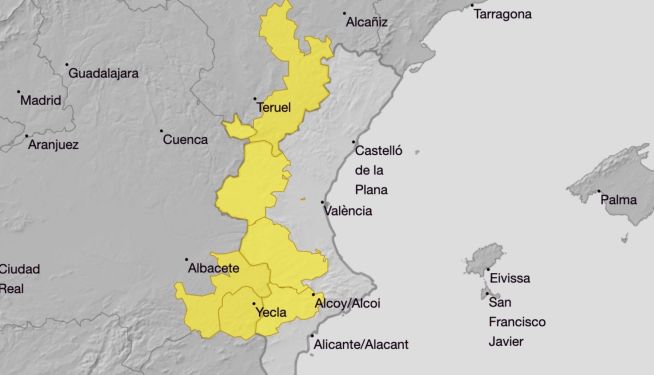 Aviso amarillo en el interior de Valencia y Alicante Aviso amarillo en el interior de Valencia y Alicante
