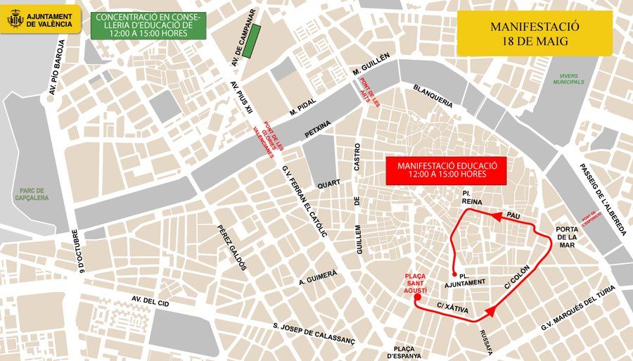 Cortes de tráfico previstos hoy en Valencia por la manifestación educativa.