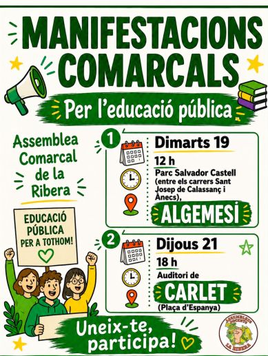 Cartell de les manifestacions per l'educació pública a la Ribera Alta. Cartell de les manifestacions per l'educació pública a la Ribera Alta.