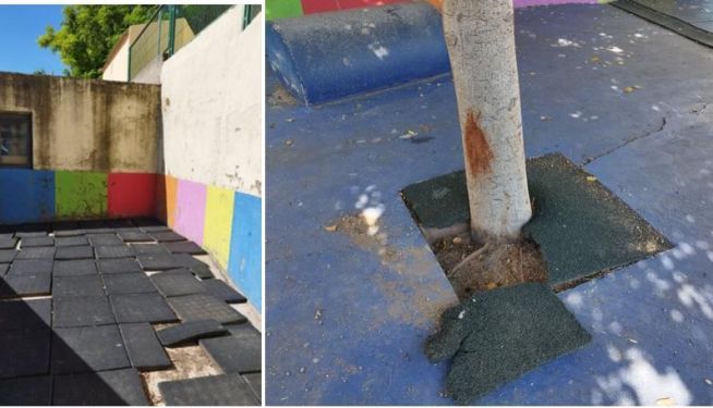 Pati infantil 4 i 5 anys amb taulells solts que provoquen caigudes (es va inundar amb la DANA i no s’ha reparat). Pati infantil 4 i 5 anys amb taulells solts que provoquen caigudes (es va inundar amb la DANA i no s’ha reparat).