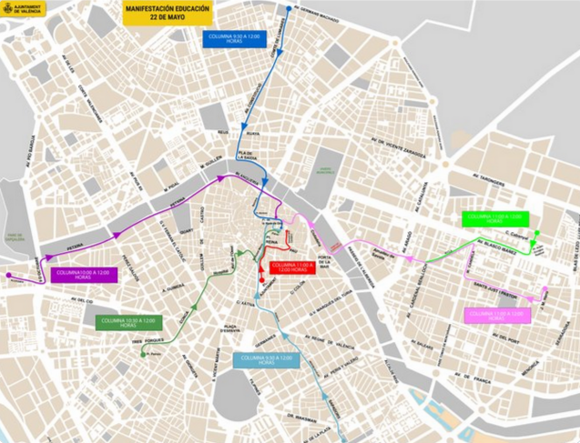 Calles cortadas al tráfico este viernes en Valencia por la nueva manifestación educativa. Calles cortadas al tráfico este viernes en Valencia por la nueva manifestación educativa.