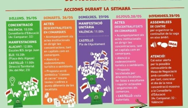 Calendario de protestas de la huelga educativa del 25 al 29 de mayo. Calendario de protestas de la huelga educativa del 25 al 29 de mayo.