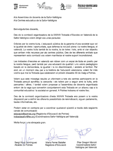Comunicat de la Comissió Organitzadora de la Trobada d’Escoles en Valencià de la Safor Valldigna. Comunicat de la Comissió Organitzadora de la Trobada d’Escoles en Valencià de la Safor Valldigna.