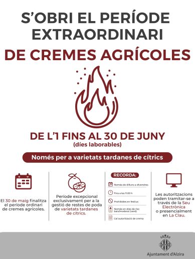 Cartell informatiu sobre el període extraordinari de cremes a agrícoles a Alzira. Cartell informatiu sobre el període extraordinari de cremes a agrícoles a Alzira.