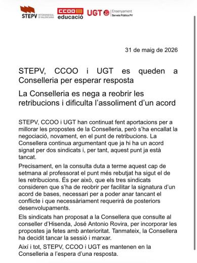 Comunicado conjunto difundido por STEPV, CCOO y UGT.
