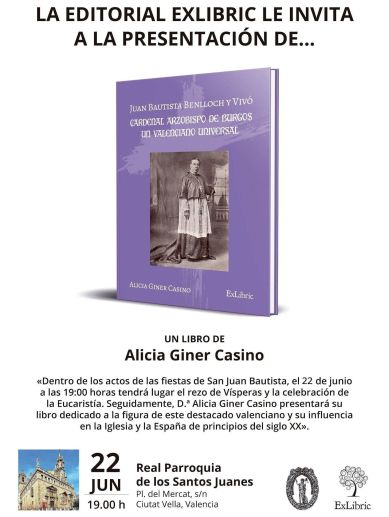 Invitación a la presentación de la obra de Alicia Giner Casino el 22 de junio en la Real Parroquia de los Santos Juanes.