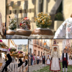 Las clavariesses de La Torre de les Maçanes recorren las calles portando sobre la cabeza los tradicionales panes decorados con flores durante la celebración del Pa Beneït. 