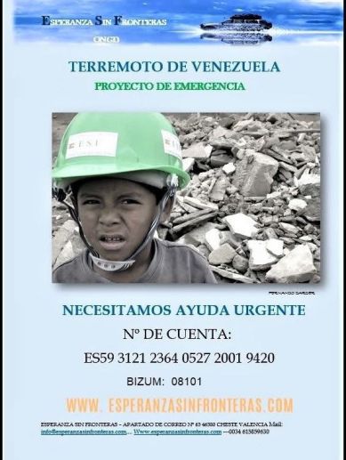 Datos de contacto y cuenta bancaria de Esperanza sin Fronteras para colaborar económicamente con las labores de rescate y asistencia a las víctimas del terremoto de Venezuela. / EPDA