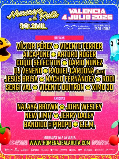 Cartel oficial de la edición 2026 de 'Homenaje a la Ruta 90's & 2MIL', que se celebra el 4 de julio en La Marina Norte de Valencia. / EPDA